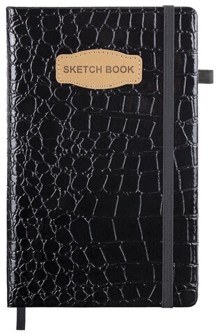 Скетчбук, слоновая кость 140 г/м2, 130х210 мм, 80 л., КОЖЗАМ, резинка, BRAUBERG ART CLASSIC, CROCO, черный, 116470