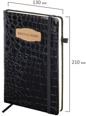 Скетчбук, слоновая кость 140 г/м2, 130х210 мм, 80 л., КОЖЗАМ, резинка, BRAUBERG ART CLASSIC, CROCO, черный, 116470