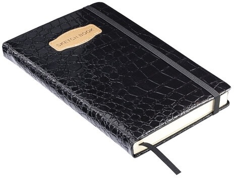 Скетчбук, слоновая кость 140 г/м2, 130х210 мм, 80 л., КОЖЗАМ, резинка, BRAUBERG ART CLASSIC, CROCO, черный, 116470