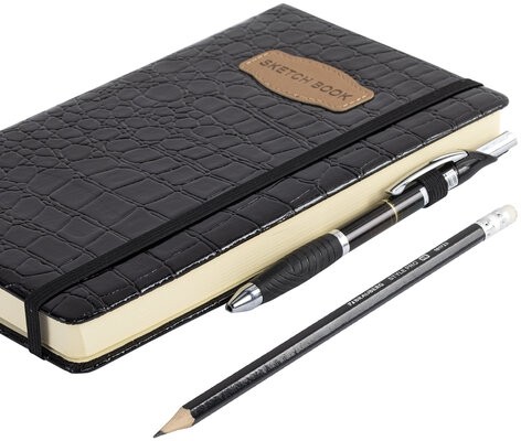 Скетчбук, слоновая кость 140 г/м2, 130х210 мм, 80 л., КОЖЗАМ, резинка, BRAUBERG ART CLASSIC, CROCO, черный, 116470