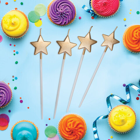 Набор свечей для торта "Звезды на длинных пиках", 4 шт., 3,3 см, ЗОЛОТАЯ СКАЗКА, в блистере, 591453