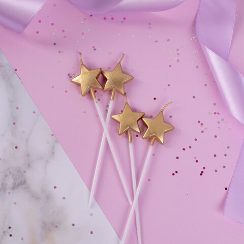 Набор свечей для торта "Звезды на длинных пиках", 4 шт., 3,3 см, ЗОЛОТАЯ СКАЗКА, в блистере, 591453