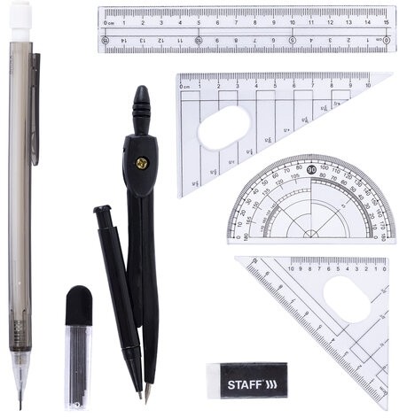 Готовальня STAFF "College" 9 предметов: циркуль 120 мм, чертежные принадлежности, механический карандаш, пластиковый пенал, 210863