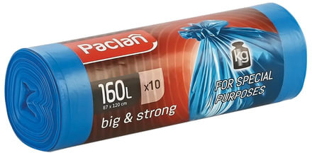 Мешки для мусора 160 л, синие, в рулоне 10 шт., ПВД, 21 мкм, 120х87 см, PACLAN "Big&Strong", 402001