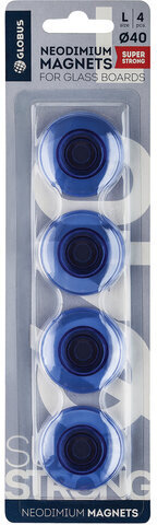 Магниты сильные неодимовые, 40 мм, НАБОР 4 шт., синие, в блитере, GLOBUS, МН40ПС