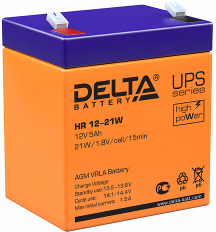 Аккумуляторная батарея для ИБП любых торговых марок, 12 В, 5 Ач, 90х70х101 мм, DELTA, HR 12-21 W