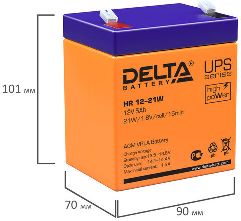 Аккумуляторная батарея для ИБП любых торговых марок, 12 В, 5 Ач, 90х70х101 мм, DELTA, HR 12-21 W