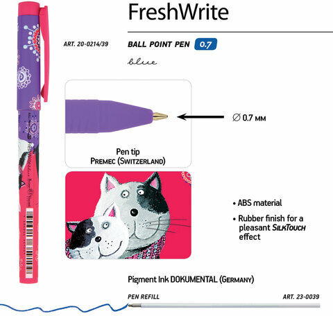 Ручка шариковая BRUNO VISCONTI FreshWrite, СИНЯЯ, Обнимающиеся коты, узел 0,7 мм, линия письма 0,5 мм, 20-0214/39