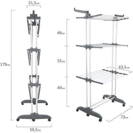 Сушилка напольная для белья раскладная МНОГОФУНКЦИОНАЛЬНАЯ, 3 уровня, на колесах, "Super Compact", СКЛАДНОЕ ОСНОВАНИЕ, LAIMA HOME, 608462
