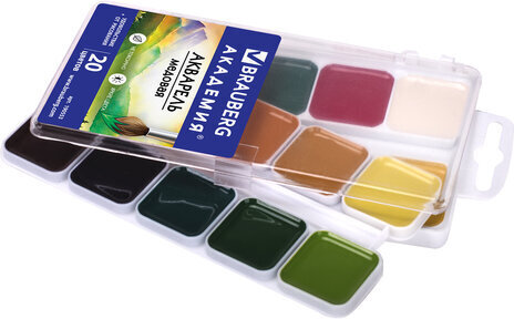 Краски акварельные BRAUBERG "АКАДЕМИЯ", 20 цветов, медовые, квадратные кюветы, пластиковый пенал, 190553