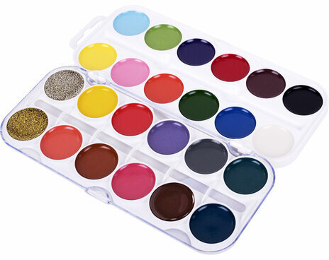 Краски акварельные ЮНЛАНДИЯ "ЮНЫЙ ВОЛШЕБНИК", медовые, 22+2 цвета (золото+серебро), круглые кюветы, пластик, 192361