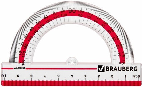 Транспортир 10 см, 180 градусов, пластиковый, BRAUBERG "Crystal", прозрачный, с выделенной шкалой, подвес, 210292