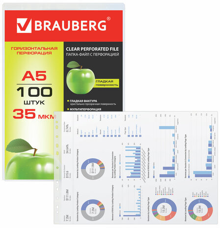 Папки-файлы МАЛОГО ФОРМАТА (148х210 мм), А5, ГОРИЗОНТАЛЬНЫЕ, КОМПЛЕКТ 100 шт., 35 мкм, BRAUBERG, 223085