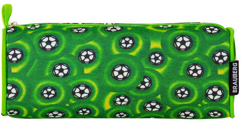 Пенал-косметичка BRAUBERG для учеников начальной школы, зеленый, футбольные мячи, 21х6х8 см, 223907