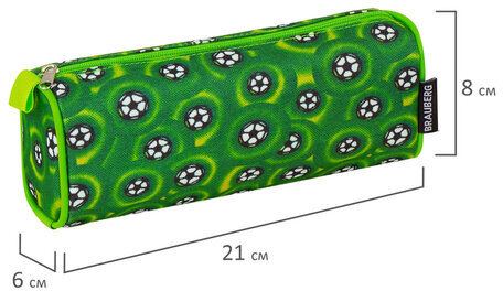 Пенал-косметичка BRAUBERG для учеников начальной школы, зеленый, футбольные мячи, 21х6х8 см, 223907