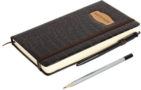 Скетчбук, слоновая кость 140 г/м2, 130х210 мм, 80 л., КОЖЗАМ, резинка, BRAUBERG ART CLASSIC, CROCO, коричневый, 116471