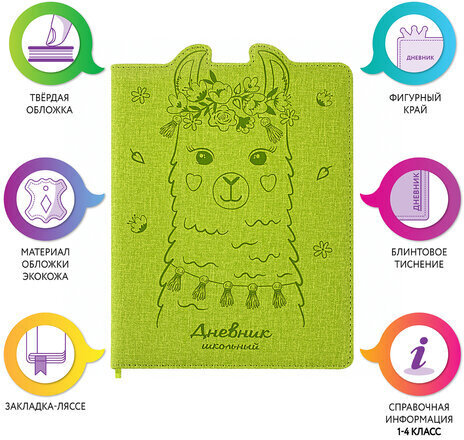 Дневник 1-4 класс 48 л., кожзам (твердая с поролоном), фигурный край, ЮНЛАНДИЯ, "ЛАМА", 105947
