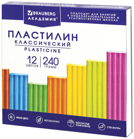Пластилин классический BRAUBERG "АКАДЕМИЯ ХИТ", 12 цветов, 240 г, стек, ВЫСШЕЕ КАЧЕСТВО, 106423