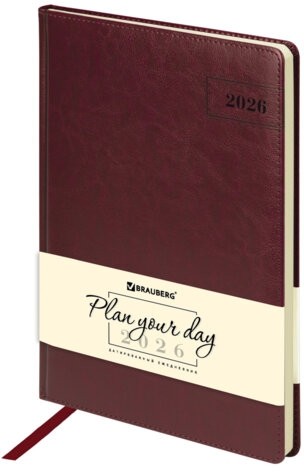 Ежедневник датированный 2026 БОЛЬШОЙ ФОРМАТ 210х297 мм, А4, BRAUBERG "Imperial", под кожу, бордо, 117248