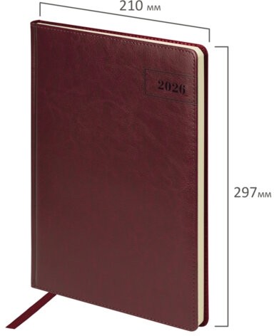 Ежедневник датированный 2026 БОЛЬШОЙ ФОРМАТ 210х297 мм, А4, BRAUBERG "Imperial", под кожу, бордо, 117248