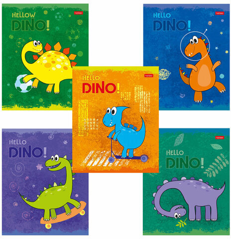 Тетрадь 12 л. HATBER клетка, обложка картон, тиснение, "Hello Dino" (5 видов в спайке), 12Т5тВ1