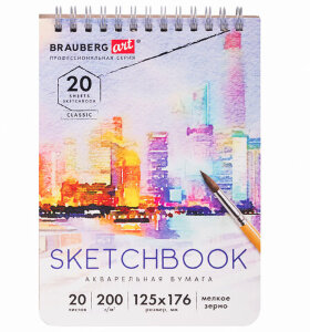 Скетчбук, акварельная бумага 200 г/м2, 125х176 мм, 20 л., гребень, твердая обложка, BRAUBERG ART, 112976