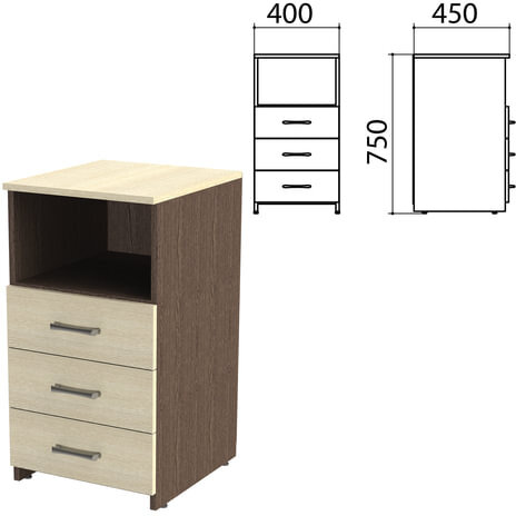 Тумба приставная "Канц", 400х450х750 мм, 3 ящика, полка, цвет венге/дуб молочный (КОМПЛЕКТ)