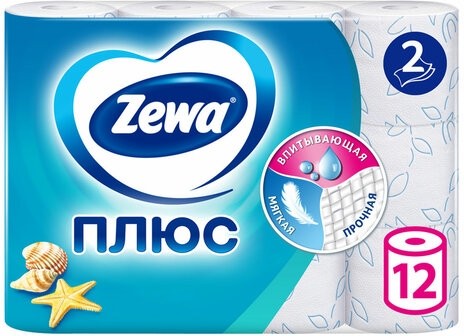 Бумага туалетная 2-х слойная 12 рулонов (12х23 м), СВЕЖЕСТЬ ОКЕАНА, ZEWA Plus, 144136