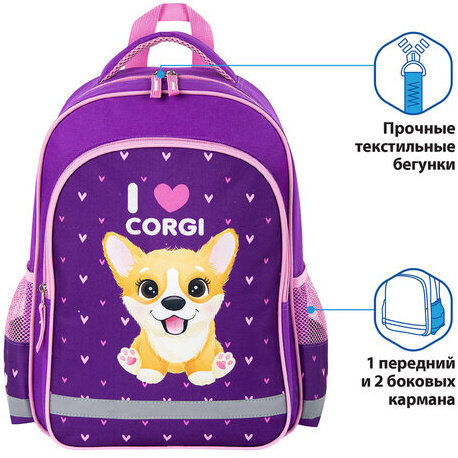 Рюкзак ПИФАГОР SCHOOL для начальной школы, "I love corgi", 38x28х14 см, 270653