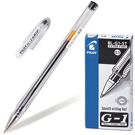 Ручка гелевая PILOT "G-1", ЧЕРНАЯ, корпус прозрачный, узел 0,5 мм, линия письма 0,3 мм, BL-G1-5T