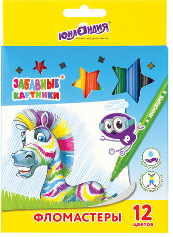 Фломастеры ЮНЛАНДИЯ 12 цветов, "ЗАБАВНЫЕ КАРТИНКИ", вентилируемый колпачок, картон, 151678