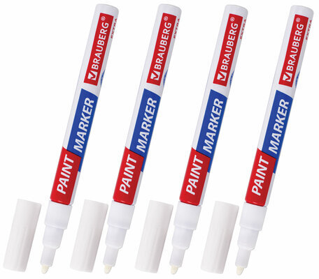 Маркер-краска лаковый EXTRA (paint marker) 2 мм, БЕЛЫЕ, НАБОР 4 шт., УСИЛЕННАЯ НИТРО-ОСНОВА, BRAUBERG, 151995