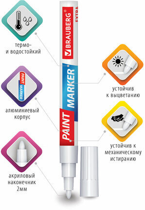 Маркер-краска лаковый EXTRA (paint marker) 2 мм, БЕЛЫЕ, НАБОР 4 шт., УСИЛЕННАЯ НИТРО-ОСНОВА, BRAUBERG, 151995