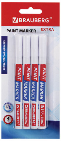 Маркер-краска лаковый EXTRA (paint marker) 2 мм, БЕЛЫЕ, НАБОР 4 шт., УСИЛЕННАЯ НИТРО-ОСНОВА, BRAUBERG, 151995