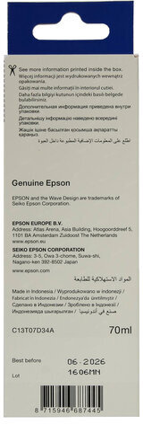 Чернила EPSON 115 (C13T07D34A) для СНПЧ L8160/L8180, пурпурные, объем 70 мл, ОРИГИНАЛЬНЫЕ,  C13T07D34A