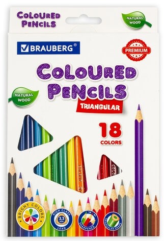 Карандаши цветные BRAUBERG PREMIUM, 18 цветов, трехгранные, грифель мягкий 3,3 мм, 181652