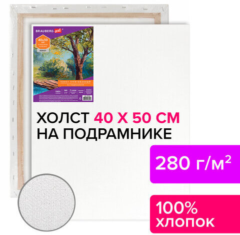 Холст на подрамнике BRAUBERG ART DEBUT, 40х50см, грунтованный, 100% хлопок, мелкое зерно, 191024