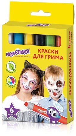 Краски для грима ЮНЛАНДИЯ, НАБОР 6 цветов, яркие цвета, для лица и тела, смываются водой, 191307
