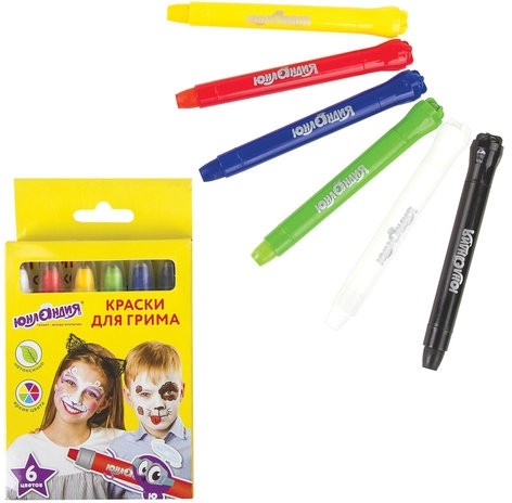 Краски для грима ЮНЛАНДИЯ, НАБОР 6 цветов, яркие цвета, для лица и тела, смываются водой, 191307
