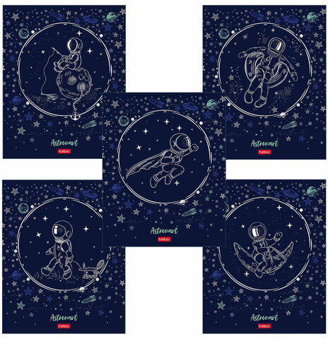 Тетрадь А5 48 л. HATBER скоба, клетка, матовая ламинация, 3D, "Астронавт" (5 видов в спайке), 48Т5лофВ1