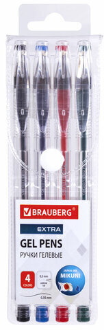 Ручки гелевые BRAUBERG "EXTRA", НАБОР 4 ЦВЕТА, узел 0,5 мм, линия 0,35 мм, 143905