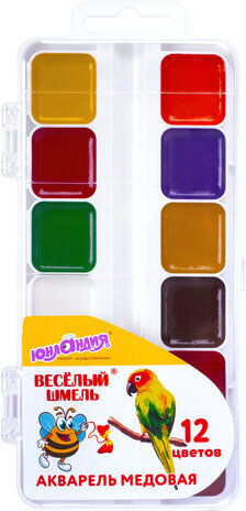 Краски акварельные ЮНЛАНДИЯ "ВЕСЁЛЫЙ ШМЕЛЬ", медовые, 12 цветов, квадратные кюветы, пластик, 192362