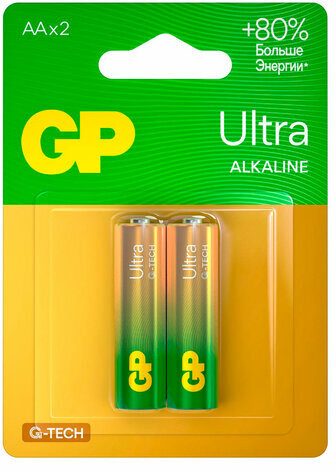 Батарейки КОМПЛЕКТ 2 шт., GP Ultra G-Tech, AA (LR6,15А), алкалиновые, пальчиковые, 15AUA21-2CRSBC2