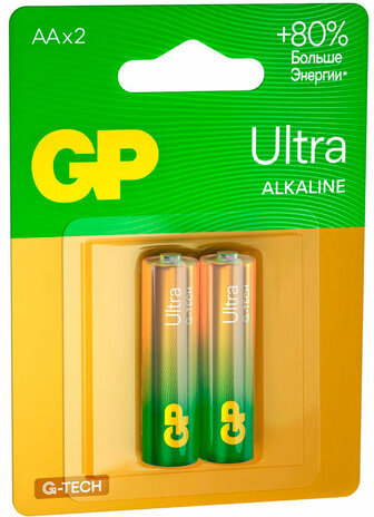 Батарейки КОМПЛЕКТ 2 шт., GP Ultra G-Tech, AA (LR6,15А), алкалиновые, пальчиковые, 15AUA21-2CRSBC2