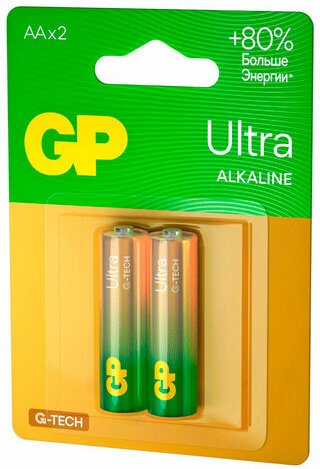 Батарейки КОМПЛЕКТ 2 шт., GP Ultra G-Tech, AA (LR6,15А), алкалиновые, пальчиковые, 15AUA21-2CRSBC2