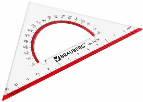 Треугольник пластиковый, угол 45, 13 см, BRAUBERG "Crystal", с транспортиром, прозрачный, с выделенной шкалой, 210293