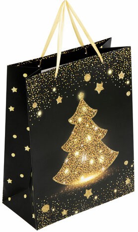 Пакет подарочный (1 штука) новогодний 26x13x32 см, ЗОЛОТАЯ СКАЗКА &quot;Midnight Christmas Tree&quot;, глиттер, 608230