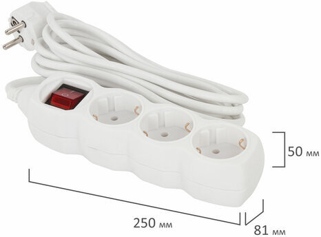Удлинитель сетевой SONNEN U-133GS, 3 розетки, c заземлением, выключатель, 10 А, 3 м, белый, 511434