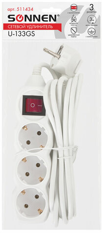 Удлинитель сетевой SONNEN U-133GS, 3 розетки, c заземлением, выключатель, 10 А, 3 м, белый, 511434