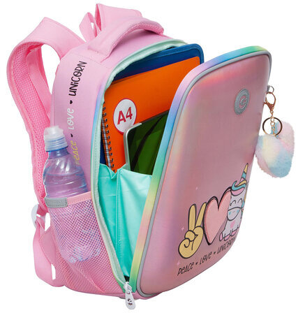 Ранец GRIZZLY анатомическая спинка, c брелоком, для девочек, UNICORN, 37х26х16 см, RAw-396-6/2